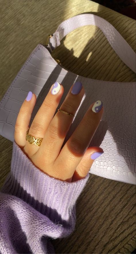 Really Cute Nails Short, Purple Nail Designs Short Nails, Cute Nail Ideas For Really Short Nails, Nail Inspo Shellac, Nail Designs For Really Short Nails, Yin Yang Nails Acrylics, Purple Yin Yang Nails, Shellac Nail Designs Short, Purple Fire Nails