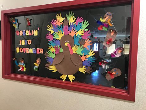 Thanksgiving Window Display Preschool, November Window Display Preschool, November Window Display, Thanksgiving Window Display, Classroom Window Display, Thanksgiving Window Decorations, Hand Print Turkey, Thanksgiving Classroom Door, Classroom Window Decorations