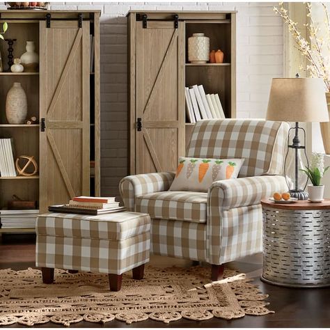 Buffalo Check Armchair and Ottoman | Montgomery Ward Chair And Ottoman Set Farmhouse, Couch With Accent Chairs Farmhouse, Country Chic Living Room Farmhouse Style, Chairs By Fireplace, Buffalo Plaid Living Room, Farmhouse Livingrooms, Gingham Sofa, Cottage Sofas, Small Reading Nook Cozy Corner