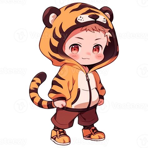 Cute Chibi Boy Wearing A Tiger Hoodie AI Generative Bunny Hoodie Drawing, Chibi With Hoodie, Chibi Boy Cute, Chibi Tiger, Chibi People, Hoodie Illustration, Child Drawing, Tiger Kids