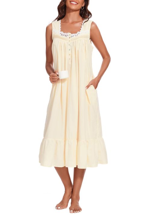 PRICES MAY VARY. Women's nightgowns is made 100% Cotton. Lightweight, breathable, comfy and flattering. Soft to the touch and allows for comfortable and free movement. It's the perfect victorian nightgown to wear at night in the summer. Cotton sleepwear for women features: pintucked, lace collar, beautiful victorian style subtle ruffles detailing decorationfor an extra fancy touch.Two functional patch pockets on each side of the cotton nightgown, are perfect for keeping carrying keys, mobile pho Eileen West Nightgowns, Vintage Pajamas Women, Granny Nightgown, Night Shirts For Women, Sleepwear Women Nightgowns, Maternity Nightgown, Nightgown Lingerie, Victorian Nightgown, Delivery Gown