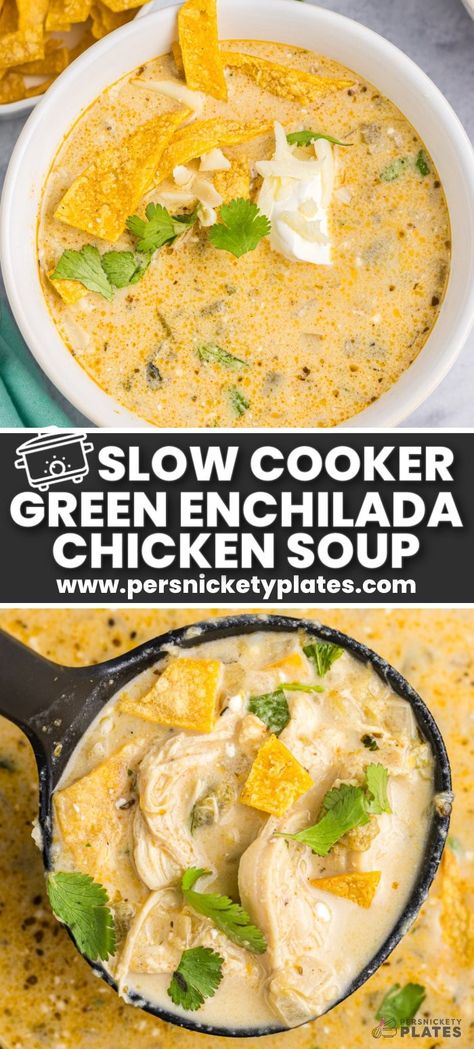 Slow Cooker Green Enchilada Soup takes everything you love about salsa verde chicken enchiladas and puts it in soup form. It's especially easy because it's a crock pot recipe! Enchilada Soup Crockpot, Green Enchilada Soup, Green Chili Chicken Soup, Salsa Verde Chicken Crockpot, Verde Chicken Enchiladas, Green Chili Soup, Chicken Enchilada Soup Crock Pot, Salsa Verde Chicken Enchiladas, Chicken Soup Crockpot