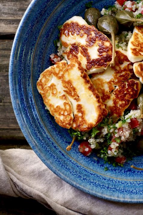 seared Halloumi Seared Halloumi, Baked Halloumi, Halloumi Cheese, Halloumi Salad, Grilled Halloumi, Tomato Relish, Grain Salad, Plum Tomatoes, Quinoa Salad