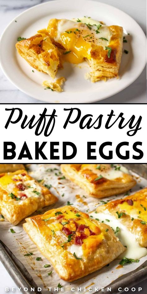 Perfect for breakfast or brunch, these puff pastry baked eggs are easy to make with homemade or store-bought puff pastry dough. These baked eggs are the perfect combination of flaky, buttery pastry and a delicious egg. You can add your favorite toppings or leave them plain. Make breakfast a celebration with these breakfast egg tarts! Egg Dish For Brunch, Savory Breakfast Puff Pastry, Breakfast With Phyllo Dough, Egg Puffs Recipe, Egg Wash For Puff Pastry, Flaky Pastry Ideas, Puff Pastry Egg Cups, Puff Pastry Egg Tart, Puffed Pastry Breakfast Recipes