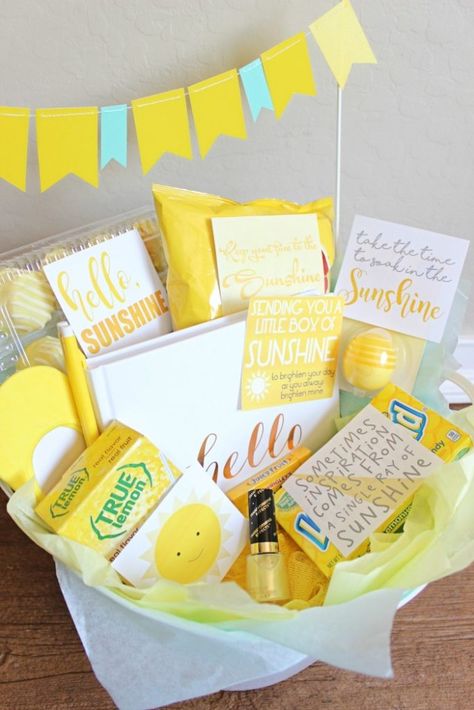 Basket of Sunshine Basket Of Sunshine, Box Of Sunshine, Bff Birthday Gift, Bff Birthday, Yellow Gifts, Birthday Gift Baskets, Cute Birthday Gift, Acts Of Kindness, Birthday Gifts For Best Friend