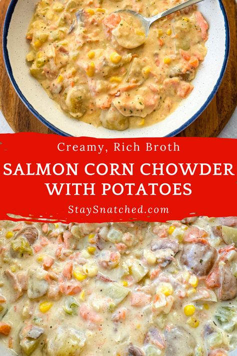 This Creamy Salmon Chowder combines the delicate flakiness of salmon with the creamy richness of a luscious broth, the heartiness of tender potatoes, and the sweetness of corn. This recipe is made using everyday staple ingredients and is sure to be a family favorite. Salmon Corn Chowder, Smoker Recipes Chicken, Salmon Chowder Recipe, Corn Chowder Soup, Salmon Soup, Creamy Salmon, Salmon Chowder, Chowder Recipes Seafood, Fish Chowder