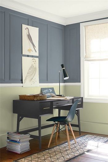 Experience an Eclipse everyday.  Benjamin Moore's Eclipse 2132-40 is on the upper wall. Lower wall is Urban Nature AF-440, Trim and Ceiling are Steam AF-15. Navy Paint Colors, Best Gray Paint, Best Gray Paint Color, Benjamin Moore Gray, Color Combinations Paint, Hale Navy, Favorite Paint Colors, Blue Paint Colors, Paint Colors Benjamin Moore