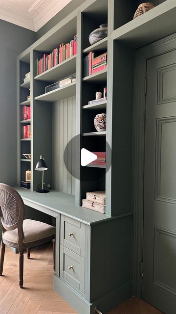 Leoma Harper home style on Instagram: "ad| Our bespoke built-in library wall & desk reveal. It has slotted into the snug so seamlessly, literally feels like it’s always been part of the space, which is exactly what we wanted to achieve for this non functioning wall, along with a whole lot of storage. Working with @bespokecarpentrylondon has been a dream, from going through my design ideas and bringing it all the life, the whole process and craftsmanship has been super smooth and with a meticulous finish. We are so delighted with the result and that it has still very much retained the charm and character of this room.

#librarywall #bespokecarpentry #snug #shelfie #deskspace" Home Office Ideas Built In Desk, Built In Wall Desk And Shelves, Ikea Wall Unit With Desk, Desk Built Into Bookshelf, Bookcase And Desk Wall, Desk And Bookshelf Combo, Library Wall With Desk, Desk Built Into Wall, Wall To Wall Desk