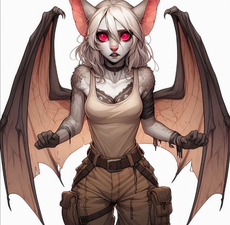 Simic Hybrid Dnd Character, Dnd Werewolf Female, Bat Hybrid Human, Bat Person Character Design, Female Werewolf Character Design, Simic Hybrid Dnd, Human Bat Oc, Half Human Half Animal Character Design, Shifter Dnd