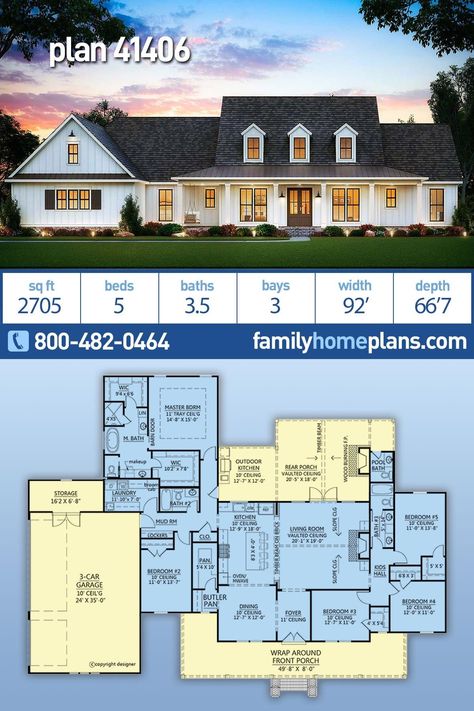 Country, Farmhouse House Plan 41406 with 5 Beds, 4 Baths, 3 Car Garage 5 Bedroom 3 Car Garage House Plans, 5 Bedroom House Floor Plan One Level Wrap Around Porch, One Level House Plans With Garage, Modern Ranch With Pool, 5 Bedroom House Floor Plan Wrap Around Porch, House Plans With Dormers, Modern Farmhouse 5 Bedroom, House Design 5 Bedroom 1 Floor, Million Dollar Farmhouse