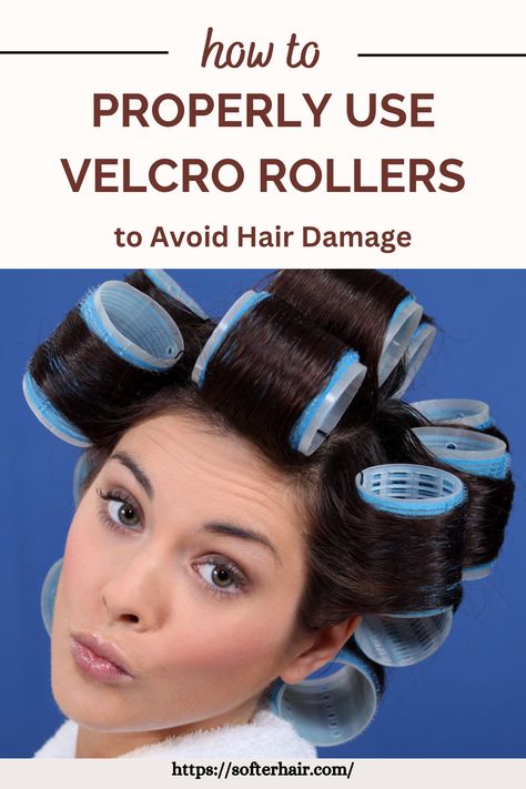 a brunette woman in velcro rollers Hot Roller Styles, 1950’s Hair, Hair Rollers Tutorial, Velcro Hair Rollers, Hairdo Tutorial, Blowout Hair Tutorial, Grey Hair Care, Velcro Rollers, Hot Rollers Hair