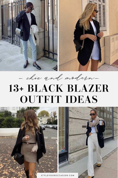 Looking for black blazer outfits for women? Check out these black blazer outfit ideas including cropped blazer and oversized black blazer outfit ideas. There’s casual and dressy looks for a night-out, classy occasion, a formal or elegant evening, and for work. See how to wear a black blazer with jeans, a dress, a skirt, or shorts. You’ll love these ideas for spring, summer, fall, and winter. Black Blazer Outfit Work, Oversized Black Blazer Outfit, Blazer Outfits For Women Work, Blazer Outfit Ideas For Women, Black Blazer Outfit Ideas, Blazer And Shorts Outfit, Black Blazer Casual, Brunch Outfit Black Woman, Black Blazer With Jeans