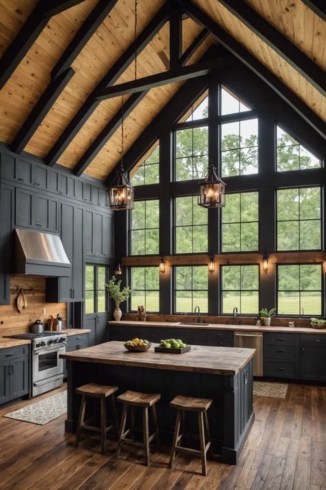 Interior Rustic Design Ideas, Modern Mountain Barndominium, Barndominium Aesthetic Interior, Small Cozy Barndominium, Cabin Style Barndominium, Open Concept Kitchen Living Room Barndominium, Loft In Barndominium, Black Barndominium With Wood Accents, Barndominium Interior Open Floor Modern