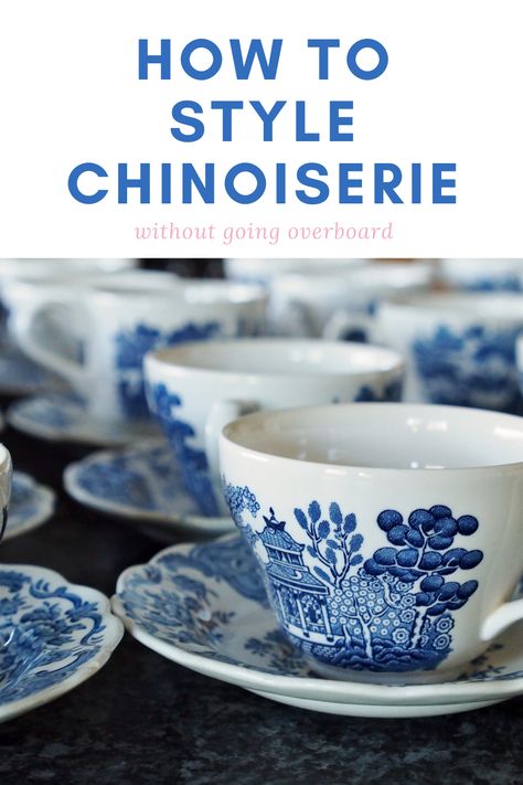 Even if you don't know it by name, you've most likely seen Chinoiserie decor over the years.  So, how do you style it without going overboard?  #chinoiserie #homeaccessories #homeaccents #interiostyling #vintagedecor #homedecorating Blue Willow Decor Kitchen, French Chinese Interior, Chinoiserie Room Decor, Blue And White Mantel Decor, How To Decorate With Blue And White, Chinoiserie Coastal Decor, Chinoiserie Office Decor, Chinoiserie Thanksgiving Table, Blue And White Chinoiserie Bedroom