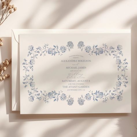 Elegant French Vintage Blue Floral Wedding Invitation French Toile Wedding Invitations, Cool Wedding Flowers, French Aesthetics, French Blue Wedding, Vintage Floral Wedding Invitations, Blue Floral Wedding, Floral Wedding Invitation Suite, Invites Wedding, White Wedding Invitations