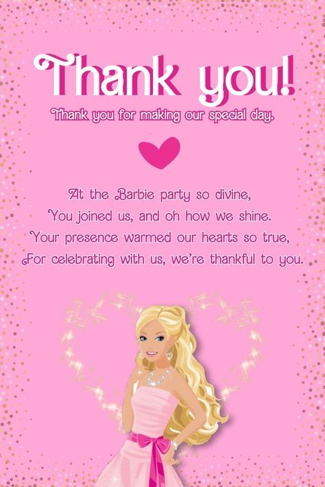 Barbie Thank You Card, Barbie Doll Party, Barbie Decorations, Templates Birthday, Free Barbie, Girls Party Invitations, 4 Birthday, Morning Prayer Quotes, Birthday Packages