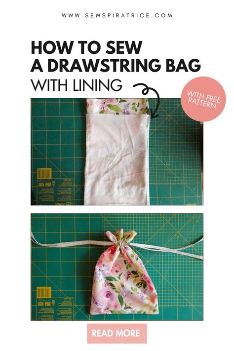 In this blog post, you'll learn how to sew a drawstring bag with lining. This sewing tutorial comes with instructions and a free sewing pattern if you prefer. All you need are some scraps of fabric! Drawstring bags can be used for storage and also make great gifts. You can have fun mixing and matching your main and lining fabrics. Read the free sewing tutorial to start sewing a lined drawstring bag today. Sew A Drawstring Bag, Drawstring Bag Tutorial, Drawstring Bag Diy, Diy Bags No Sew, Drawstring Bag Tutorials, Drawstring Bag Pattern, Gift Bags Diy, Pouch Diy, Pouch Sewing