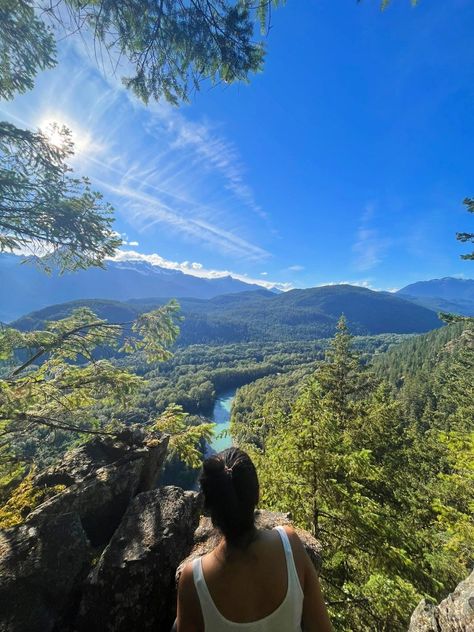 Girl sitting by a pretty view after a hike to the hill top with river flowing down the hill. 

Hike outfit summer hiker girl aesthetic Kelowna British Columbia Aesthetic, Tofino British Columbia Aesthetic, British Columbia Aesthetic, Columbia Aesthetic, Wilderness Aesthetic, Sister Bond, Tofino British Columbia, Pretty Scenery, Life In Paradise