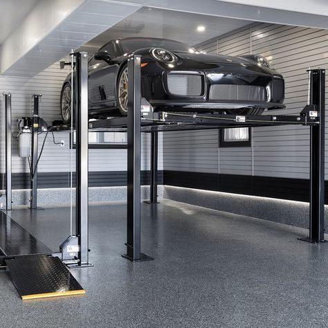 Garages With Car Lifts, Garage With Car Lift, Car Lifts For Garage, Garage With Lift, Car Lift Garage, Garage Doors Ideas, Garage Organization Storage, Garage Redesign, Garage Additions