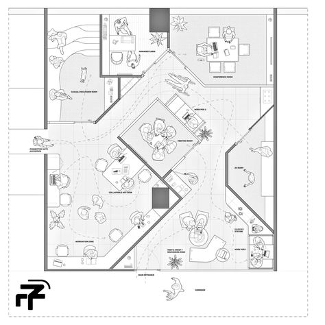 The 45 Degree Office is One of the Few Grand Experiments in Planning of Workspaces Office Interior Design Floor Plan, Office Building Design Plan, Office Floor Plan Architecture, Head Quarters Office Design, Co Working Space Plan, Office Design Floor Plan, Small Office Floor Plan, Office Interior Design Plan, Office Floor Plan Layout