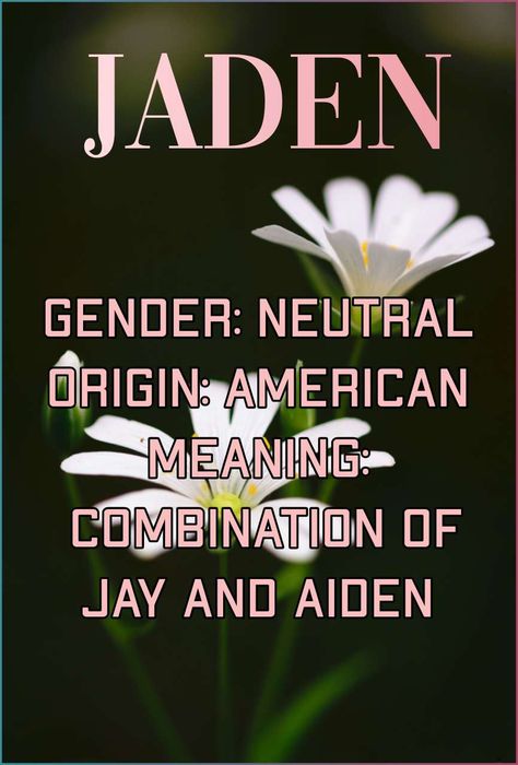 Jaden
Gender: Neutral
Origin: American
Meaning: Combination Of Jay And Aiden J Baby Girl Names, Baby Girl Name, Gender Neutral Names, Girl Name, Name Meaning, Names With Meaning, Girl Names, Baby Names