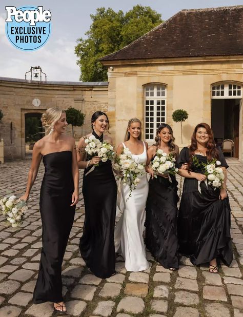 Mismatched Black Bridesmaids, Black Silk Bridesmaid Dress Wedding, Black Moh Dress, Black Bridesmaid Dress Aesthetic, Timeless Wedding Bridal Party, Black Satin Bridal Party, Mix Match Bridesmaid Dresses Black, Mix Matched Black Bridesmaid Dresses, Black Bridesmaid Dresses Silk