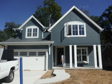 Evening Blue Hardie Board Houses, James Hardie Evening Blue Siding, Evening Blue Hardie Siding, Hardie Board House, Hardie Board Siding Colors, Blue Siding House, Hardie Shingle Siding, Floating Cottage, White Window Trim