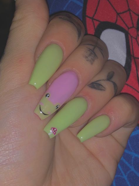 Frog And Mushroom Nail Art, Nails Green Pink, Mushroom Nail Art, Watermelon Aesthetic, Mushroom Nails, Frog And Mushroom, Frog Mushroom, Nails Green, Spring Nail Art