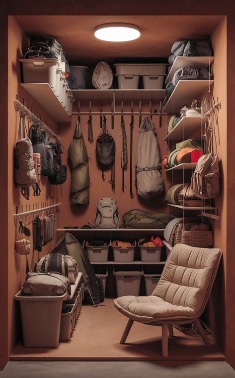 Keep your gear room clutter-free with minimalist gear wall ideas! These designs focus on efficient outdoor gear storage and hiking storage, making it easy to stay organized in even the smallest spaces. 🌿 #CampingGearStorage #HikingStorage #OutdoorGearOrganization Gear Room Organization, Gear Room Ideas, Hiking Storage, Outdoor Gear Organization, Outdoor Gear Storage, Camping Gear Storage, Adventure Room, Gear Wall, Bike Storage Garage