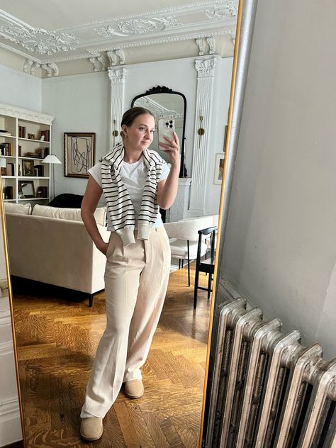 A&F Sloane Tailored Pant curated on LTK Sloane Tailored Pant, Winter Outfit Inspiration, Ugg Slippers, Casual Work Outfits, Look Here, Shop The Look, Tailored Pants, Tailored Trousers, Striped Sweater