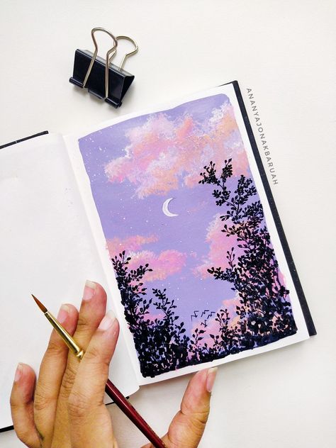 Painting of a beautiful evening Sky Aesthetic Painting, Pastel Sky Painting, Evening Sky Painting, Gauche Art, Sky Watercolor Painting, Cherry Blossom Painting Acrylic, Diy Canvas Art Easy, Sunset Canvas Painting, Purple Painting