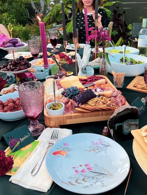 Table Scape and Menu for Friday the 13th Dinner Party Practical Magic Brunch, Fairy Dinner Party Food, Practical Magic Dinner Party, Witch Brunch, 13th Party Ideas, Fairy Dinner Party, Friday The 13th Party Ideas, Witches Brunch, Practical Magic Party