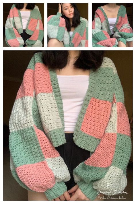 Patchwork Cardigan Color Ideas, Crochet Pattern For Sweater, Crochet Square Sweater Pattern, Knitting Inspiration Sweaters & Cardigans, How To Crochet Cardigan, Cute Crochet Sweater Patterns, Patch Crochet Cardigan, Crochet Cardigan Layout, Patch Work Cardigan Crochet