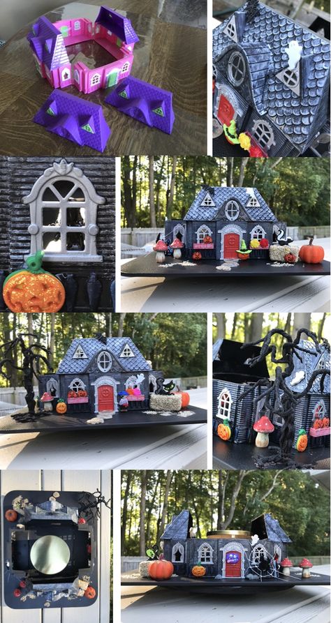 Haunted House From Doll House, Doll House Haunted House Diy, Dollar Tree Dollhouse Makeover Halloween, Dollar Tree Halloween House, Dollar Tree Doll House Makeover, Dollar Store Haunted House, Dollar Tree Dolls, Dollar Tree Dollhouse Makeover, Dollar Tree Haunted House