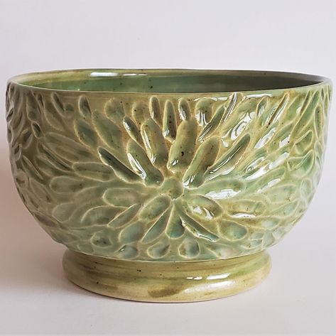 This bowl is handthrown in a stoneware clay and handcarved freeform specifically to capture the breaking of the multiple layers of glazes.  Because of this randomness every bowl is unique. This bowl is 3 1/4 inches high by 5 1/8 inches in diameter and has a 18 ounce capacity. The commercial glazes we use are all food safe and although it is microwave and dishwasher safe we recommend hand washing this baby. This listing is for one bowl. Ceramic Bowl Carving, Ceramics Carved Designs, Unique Ceramic Bowls, Funky Ceramic Bowls, Pottery Bowl Carving Ideas, Carved Ceramic Bowls, Ceramic Carving Designs, Pottery Bowl Designs, Ceramic Bowl Ideas