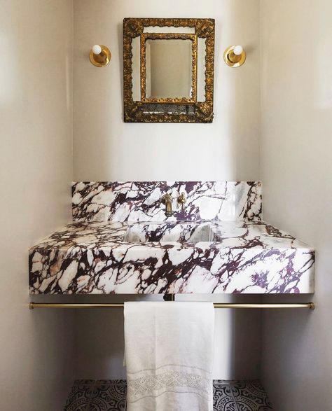 Olivia Stutz on Instagram: “We’re talking high glamour + old world style in this #VeniceBeach project. The most beautiful touch is the vintage lace…” Classic Bathrooms, Drømme Bad, Carved Sink, Tiny Powder Rooms, Marble Vessel Sink, Tiny Powder Room, Marble Bathroom Vanity, Interior Design London, Marble Sink