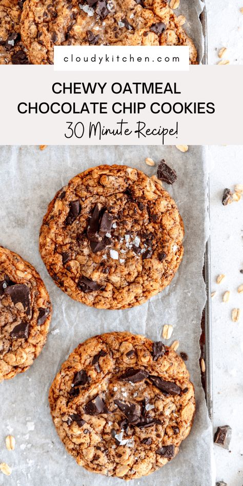 These well-tested soft and chewy Oatmeal Chocolate Chip Cookies are quick and easy to make and come together in about 30 minutes! Packed full of toasted old fashioned oats, brown butter and milk powder (a magical single ingredient that amps up the flavor of brown butter!), these are my go-to oatmeal chocolate chip cookies! This post is packed with helpful tips and tricks to help you bake these cookie beauties at home. Easy Oatmeal Chocolate Chip Cookies, Perfect Oatmeal, Chewy Oatmeal Chocolate Chip Cookies, Cloudy Kitchen, Peanut Butter Oatmeal Chocolate Chip Cookies, Oatmeal Chocolate Chip Cookie Recipe, Old Fashioned Oats, Toasted Oats, Frozen Cookies