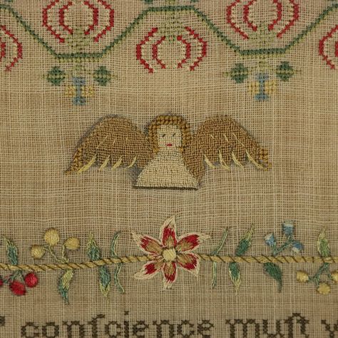 Antique Sampler, 1810, by Mary Peers Antique Samplers, Angels Among Us, Country Scenes, Floral Garland, Color Run, Floral Border, Lake Michigan, Cross Stitch Patterns, Needlework