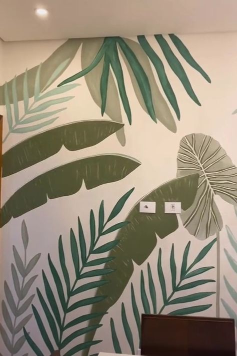 ART - Home decoration Monstera Wall Mural, Leaf Wall Stencil, Mural Cafe, Restaurant Design Inspiration, Mural Stencil, Creative Wall Painting, Diy Wall Painting, Creative Wall Decor, Wall Painting Decor