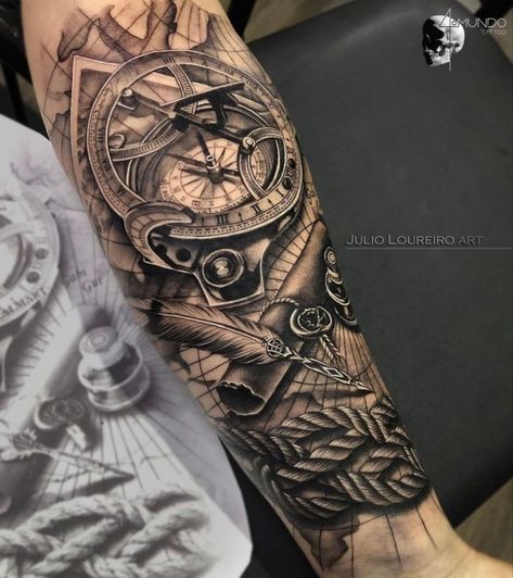 Sea Sleeve Tattoo, Tattoos On Forearm, Nautical Tattoo Sleeve, Outer Forearm Tattoo, Tattoo Inspiration Men, Forearm Sleeve Tattoos, Cool Forearm Tattoos, Nautical Tattoo, Tattoos For Black Skin