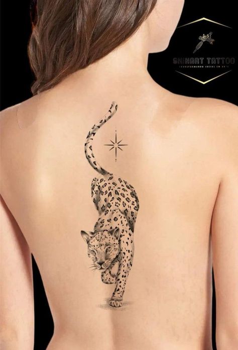 Leopard Spine Tattoo, Cheetah Back Tattoo, Mid Back Tattoo Women, Jaguar Back Tattoo, Leopard Back Tattoo, Leopard Tattoo Design For Women, Leopard Print Tattoos, Jaguar Tattoo, Leopard Tattoos