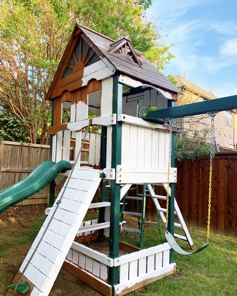 DIY: Outdoor Play Set Makeover - Crisp Collective Playset Remodel, Playscape Makeover, Wooden Play Set Makeover, Wood Playset Makeover, Diy Outdoor Playset, Outdoor Playset, Play Structure Makeover, Playground Makeover, Play Set Makeover Wood