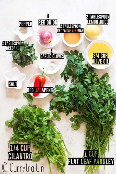 all ingredients for chimichurri saice Lemon Chimichurri Sauce, Green Chimichurri Sauce, Uses For Chimichurri Sauce, Cimmicuri Sauce, Best Chimichurri Recipe, Peruvian Chimichurri Sauce, Colombian Chimichurri Sauce, Chimichurri Marinade Steak, What To Eat With Chimichurri Sauce