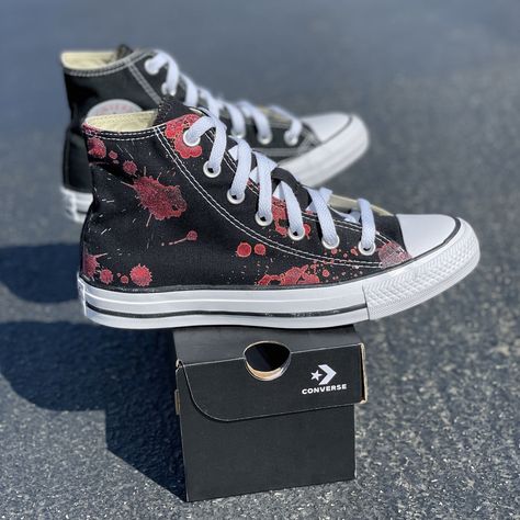 Converse Shoes Men, Alt Shoes, Custom Converse Shoes, Converse Design, Chuck Taylor Converse, High Top Chucks, Black High Top Sneakers, Blood Splatter, High Tops Sneakers