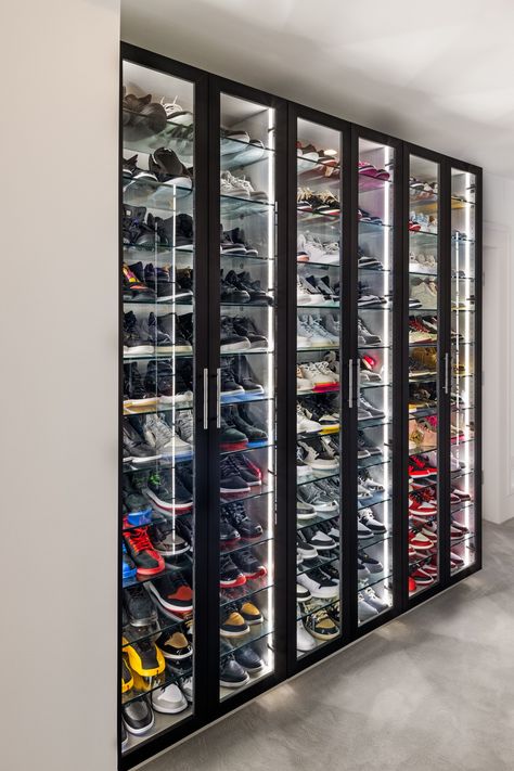 Shoe Room Luxury, Luxury Shoe Closet, Shoes Room, Sneaker Wall, Boston Interior Design, Sneakerhead Room, Sneaker Closet, Boston Interiors, Dream Closet Design