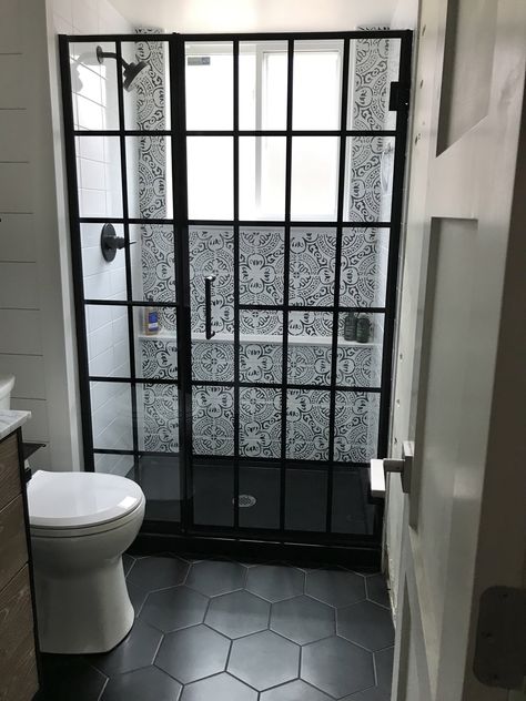 Black Shower Door, Black And White Tile Bathroom, Hexagon Tile Bathroom, White Tile Bathroom, Black Shower Doors, Black And White Tiles Bathroom, White Tile Shower, Black And White Tile, Wall Decorating Ideas