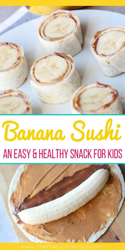 After school snacks are essential at our house. This quick and easy, protein-rich banana sushi is a favorite healthy snack your little monkeys will love! Healthy Snack For Kids, Banana Sushi, Snack Sani, Dessert Sushi, Easy Protein, Snack For Kids, Salad Pasta, Snacks Saludables, Good Healthy Snacks