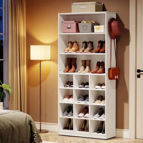 Gracie Oaks Kahl 36 Pair Shoe Rack | Wayfair Shoe Cubby Storage, Modern Shoe Storage, Large Shoe Rack, Shoe Rack Storage, Cubby Shelves, Cabinet With Shelves, Wood Shoe Rack, Sound Free, Shoe Rack Closet