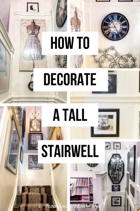 how to decorate a tall stairwell Decorate Large Staircase Wall, Open Stairway Decor, Above Stairwell Decor, Staircase Walls Makeover, Gallery Wall In Stairwell, Townhouse Staircase Decor, How To Decorate A Stairwell, How To Decorate A Two Story Wall, Decorate Landing At Top Of Stairs