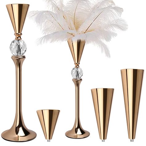 PRICES MAY VARY. Elegant Design and Sparkling Crystal Beads: The unique tall trumpet design makes vases for centerpieces absolutely elegantly and beautiful, add color to your event, home and impress your guests. Besides, compared to other gold vases without crystal beads, the gold vase design with a beautiful crystal Ball that add extra sparkles to make your weddings, parties or home more gorgeous and appealing. DIMENSION: Total Height 18.9"/48cm, Base Diameter 4.72"/12cm, Top Plate Diameter 3.3 Feathers And Mask Centerpiece, Gold Vase Tall, Black And Gold Holiday Party Tables, Grey And Gold Table Piece, Gatsby Table Cards, Art Deco Wedding Welcome Table, Safari Table Centerpieces Gold, White Floral Centerpiece In Gold Vase, Tall Vase Gel Ball Displays